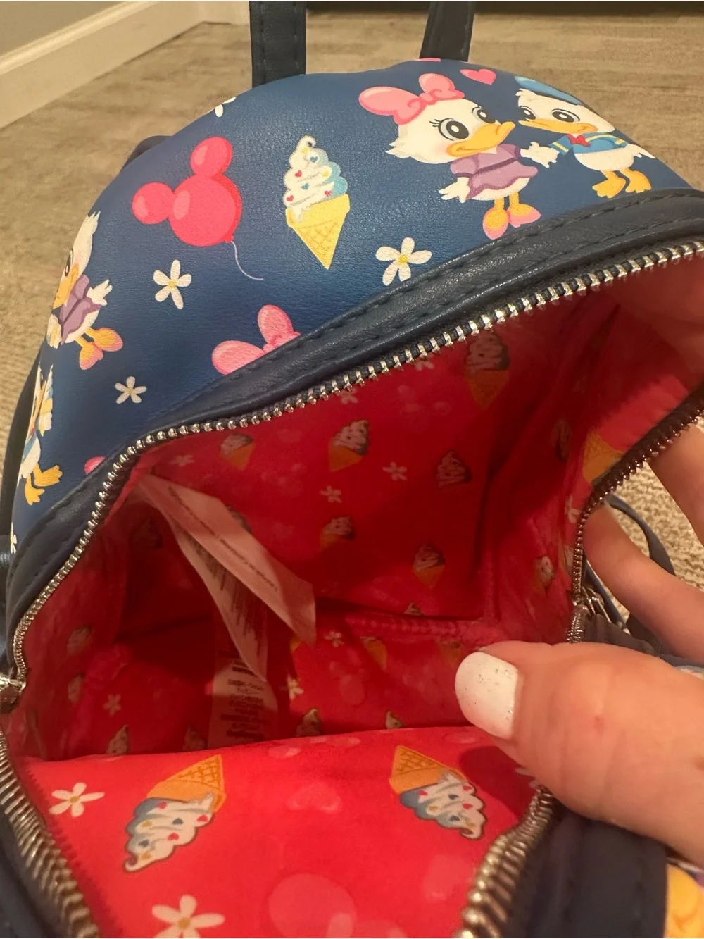 Disney Parks Loungefly Donald Daisy Ice Cream Mini Backpack Mickey Balloon Print